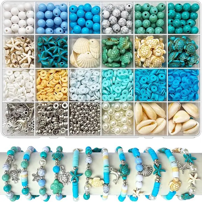Ocean Blue Series DIY Beads Turquoise Beach Bead Kit Turtle Shell Starfish Shape Beads for DIY Jewelry Bracelets Earring
