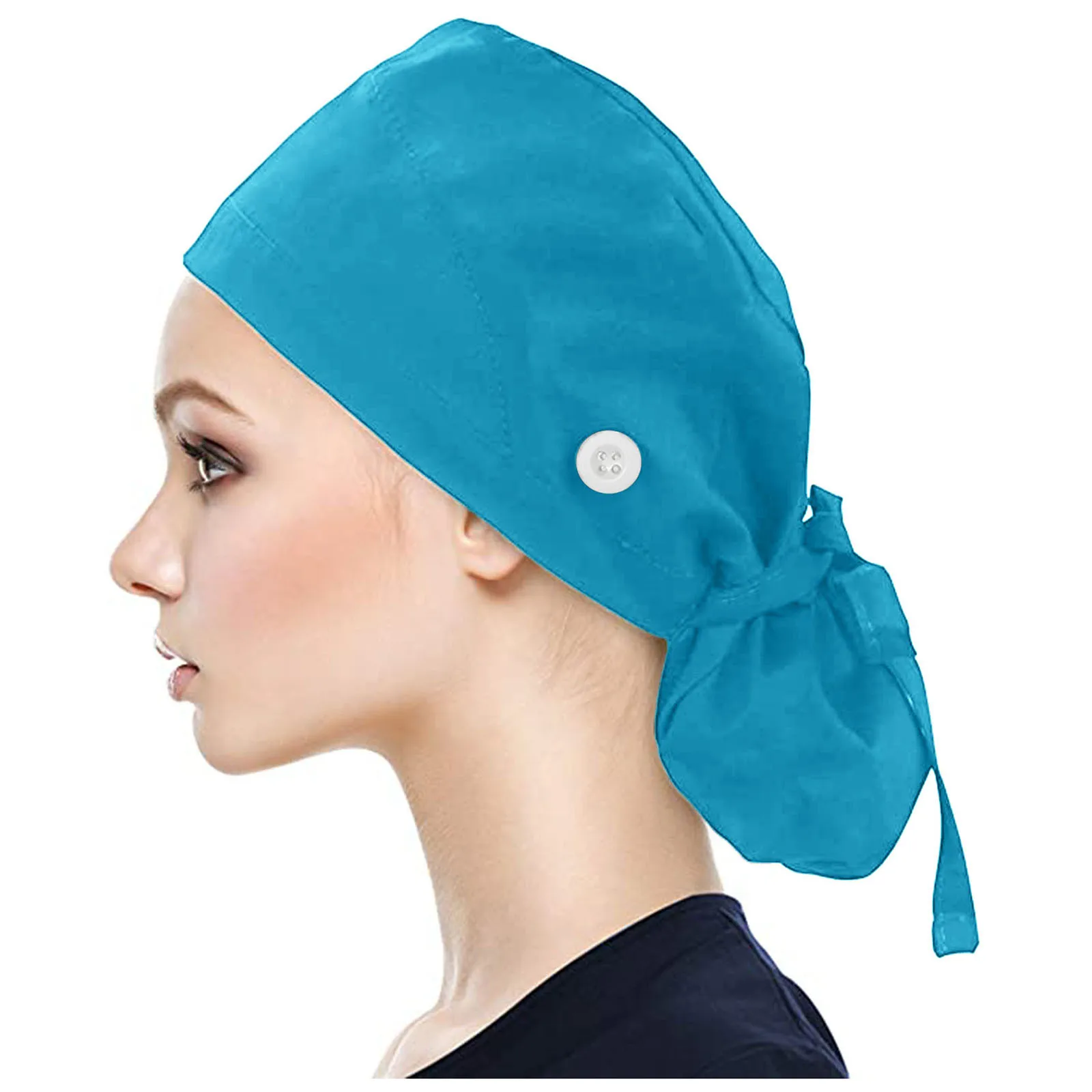 Scrub Cap With Button Women's ponytail Long Hair Adjustable Nurse hat pet grooming Work Cap With Sweatband Hospital surgical cap
