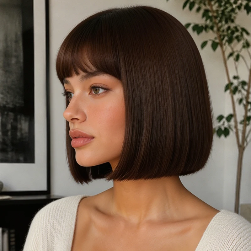 12-inch casual natural dark brown synthetic wig with neat bangs and smooth, straight hair, creating a stylish everyday look.