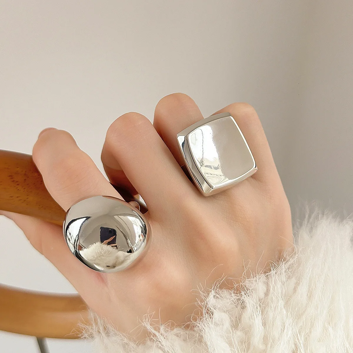 

PANJBJ 925 Sterling Silver Geometry Smooth Rings for Women Exaggeration Punk Wide Hip Hop Design Jewelry Gift Dropshipping