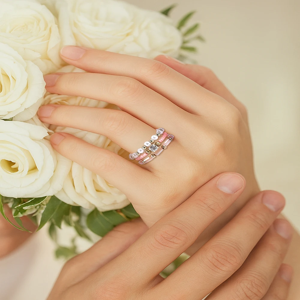3Pcs Acrylic Plastic Pearl Finger Rings Set Mixed Color Inner Diameter: 16~18mm 3pcs/set