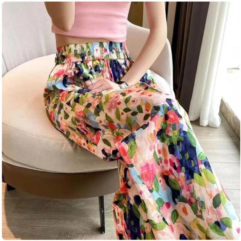 

Women New Summer Pants Beach Vacation Wide Leg Pants Multi Color Printed Trends Pants