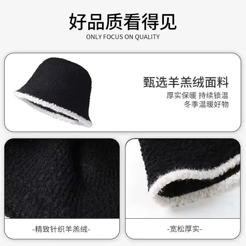 Autumn and Winter Women's Color Matching Thermal Knitting Bucket Hat New All-Match Bucket Hat Big Head Circumference Plush Ear P