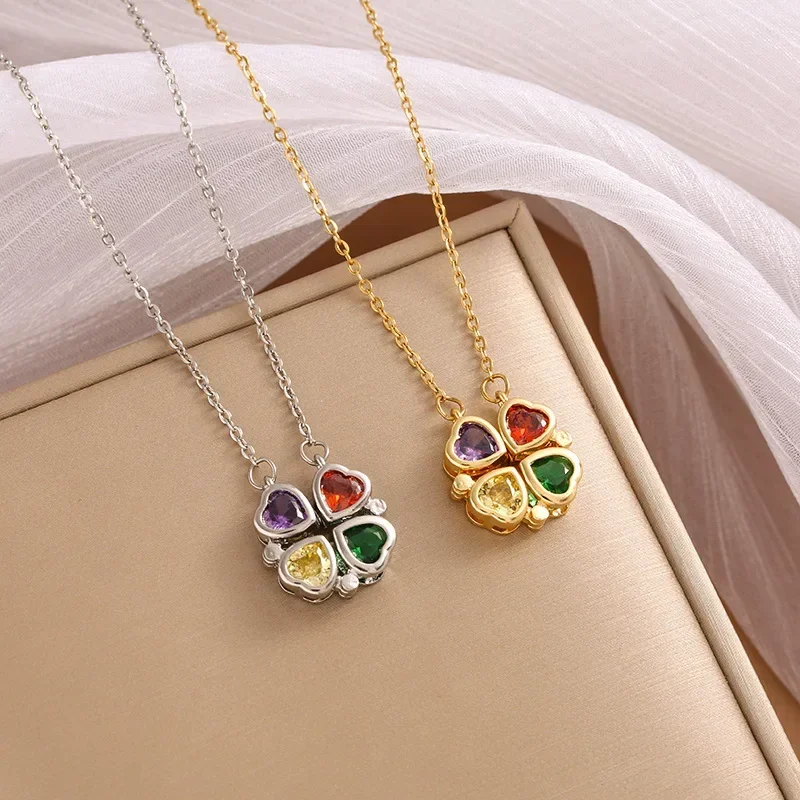 [Copper Inlaid with Zircon] Two Ways To Wear Colorful Crystal Magnetic Four-leaf Clover Pendant Necklace for Women Jewelry Gift