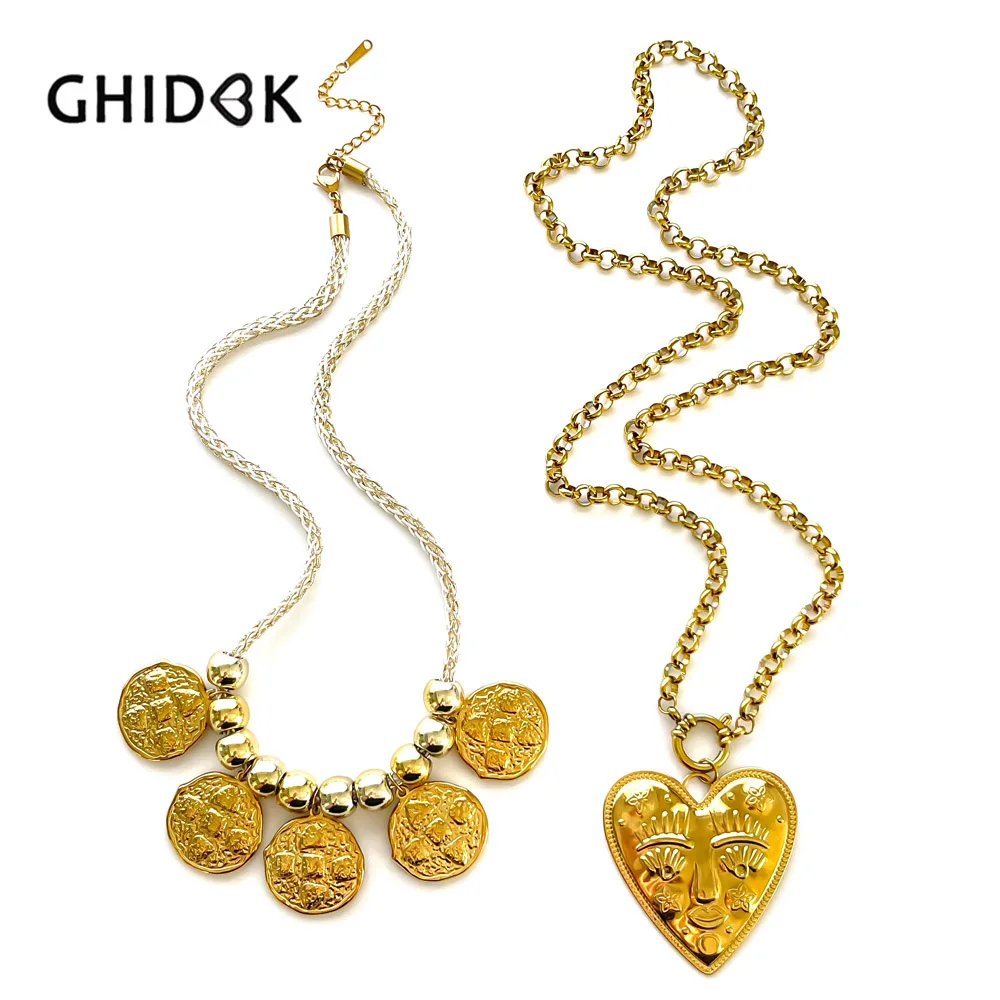 GHIDBK Fashion High end Stackable Rope Chain Metal Heart shaped Coin Pendant Necklace Elegant Charm Light Luxury Women's Jewelry