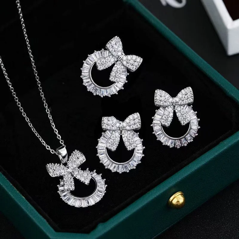 

2025New Shiny Bowknot Circle Shape Earrings Necklace Ring Jewelry Set