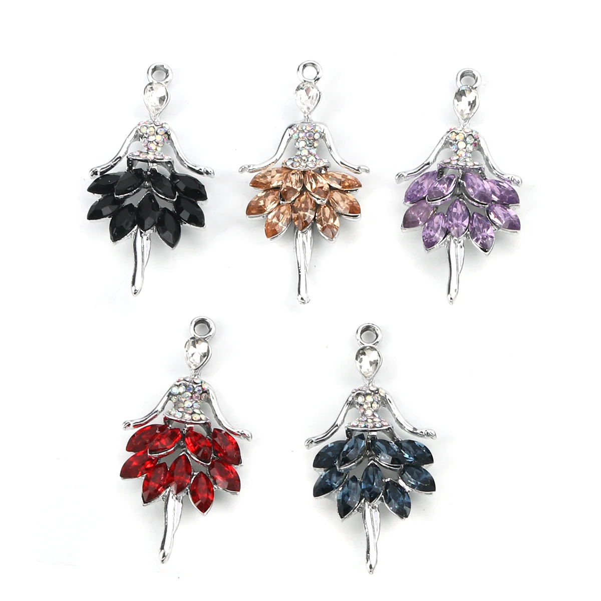 5 צבעים אבץ מבוסס סגסוגת & זכוכית קסמי ילדה רוקד תליוני כסף צבע עם AB צבע ריינסטון 44mm * 22mm עבור DIY , 5 PCs