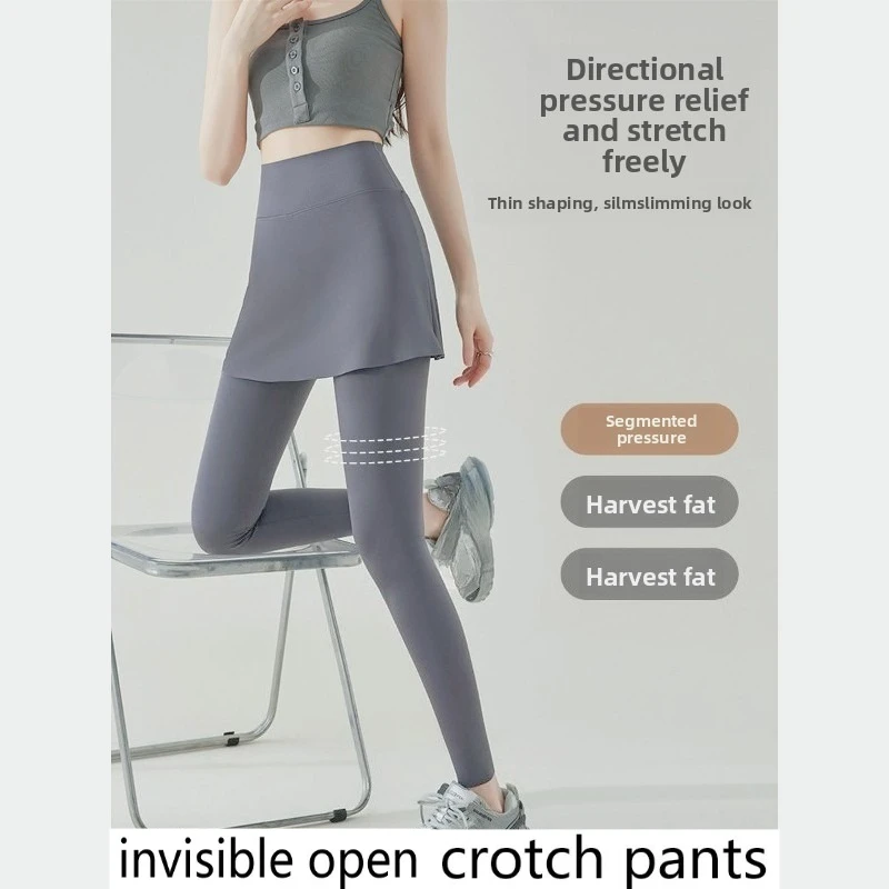 

Invisible Crotch Pants Shark Culottes Women's Fake Two-piece Yoga Pants Bottoming Integrated Full Open Couples Dating