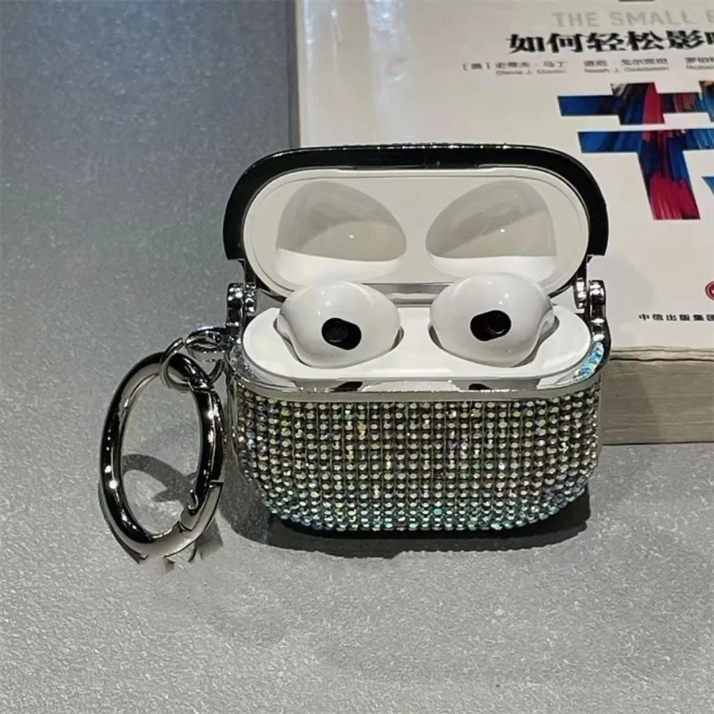 Airpods 4 용, 아름다운 라인 석 블링 하드 플라스틱 커버 이어폰 케이스 AirPods 1 2 3 Pro 2 여성용 후크 선물 포함 소녀