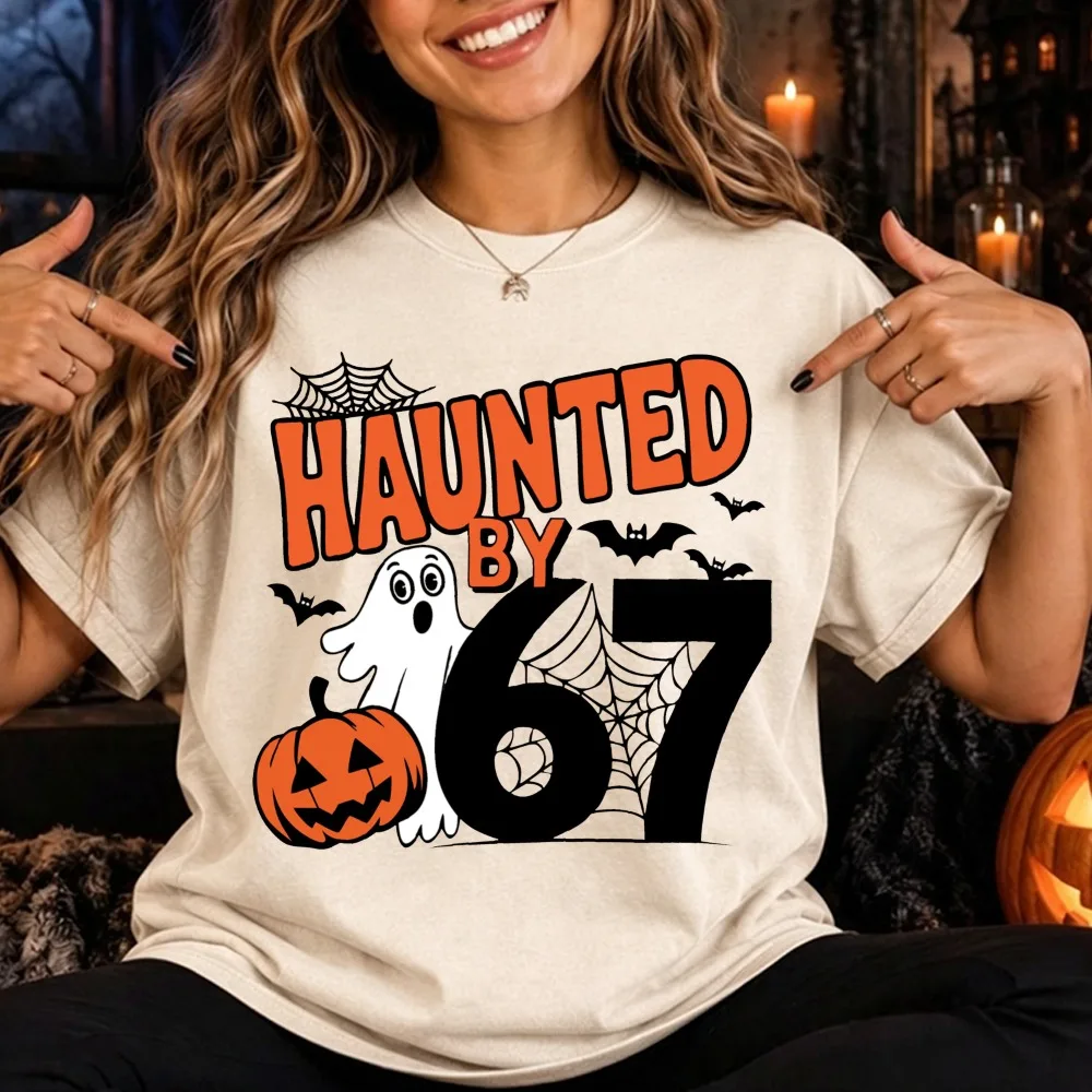 Haunted By 67 Happy Halloween T Shirt Women Ghost Pumpkin Spider Graphic Tees Cotton Oversized Short Sleeve Fall Vintage Tops