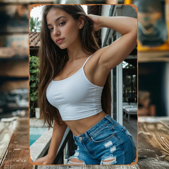 Metal Tin Sign, Brunette Girl White Crop Tank Top Ripped Denim Shorts Pool Patio Vintage Wall Tin Plaque