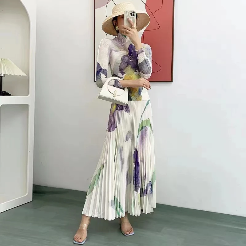 Fashion Runway 2 Piece Set Casual Outfits Vintage Elegant Floral Print Stretched Pullovers Top+A Line Pleated Party Long Skirts