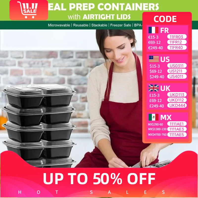 10PCS Takeaway Lunch Box with 2-pocket LidTravel Lunch BoxDisposable Bento BoxMicrowave/Dishwasher/Freezer Safe