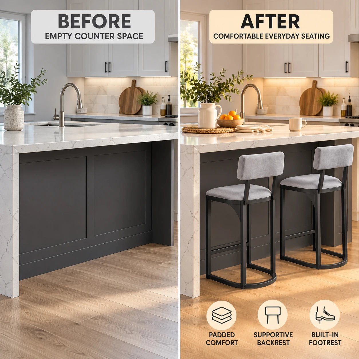 2Pcs Bar Stools , Modern Upholstered Flannel Fabric Bar Chairs with Back and Metal Frame, Counter Height Barstools for Kitchen Island, Dining Room