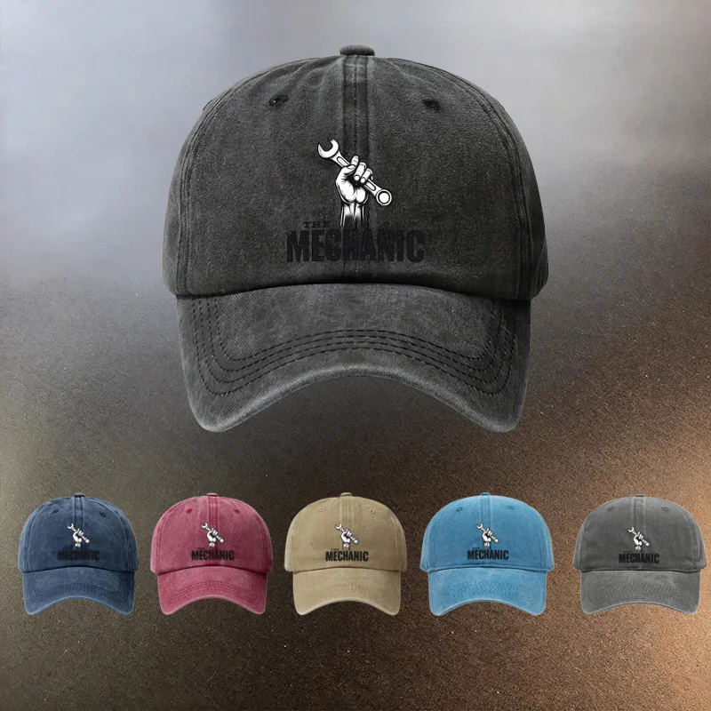 **Mechanic** Printed Washed Cap, Casual Outing Sunshade Baseball Hat, Fashionable Couple Essential Hat, Vintage Style, Versatile