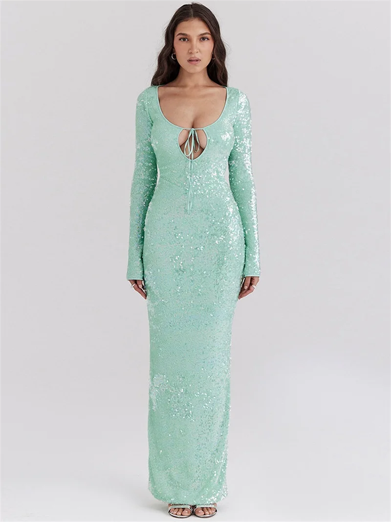 

Green Sequins Women Prom Dress V Neck Full Sleeves Party Gown Long Robes Sheath Slim Fit Formal Guest Dinner Evening Gown