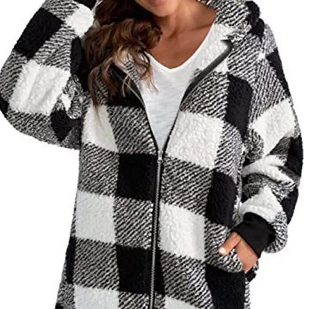 

Women's Plush Coat Long Sleeve Hooded Zipper with Pocket Loose Fit European American Style New Plaid Print