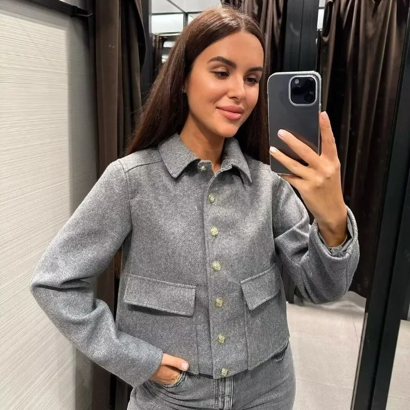 

Commute Jacket Women Solid Spliced Pockets Slimming Jackets Long Sleeve Lapels Pockets Decoration Metal Single Breasted Jackets