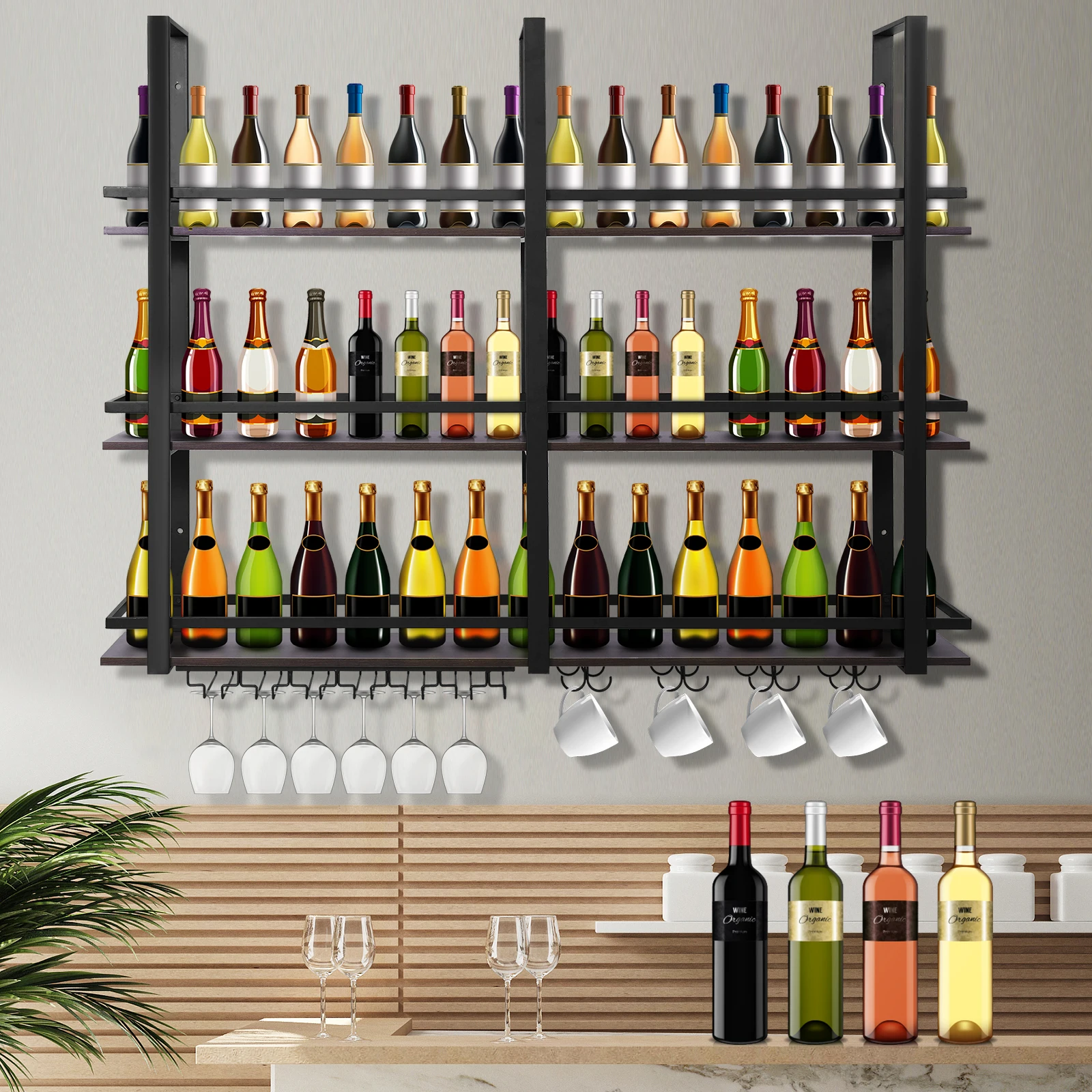 

Wall Mounted Wine Rack 3 Tier Metal Bar Shelves with Glass Holder Industrial Wall Mounted Wine Rack for Kitchen Dining Room Home
