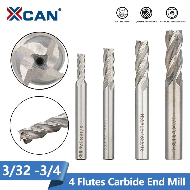 XCAN Inch HSS End Mills 4 Flutes Carbide Milling Cutter End Mills For Cnc Maching Metalworking CNC Router Bit 5/6/8pcs