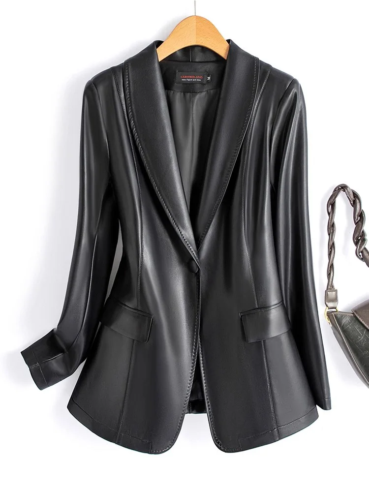 Nuovo Donne Primavera Autunno Split Blazer in pelle Moda Colletto dentellato Pulsante singolo Vita sottile Giacca in pelle Cappotto casual Donna