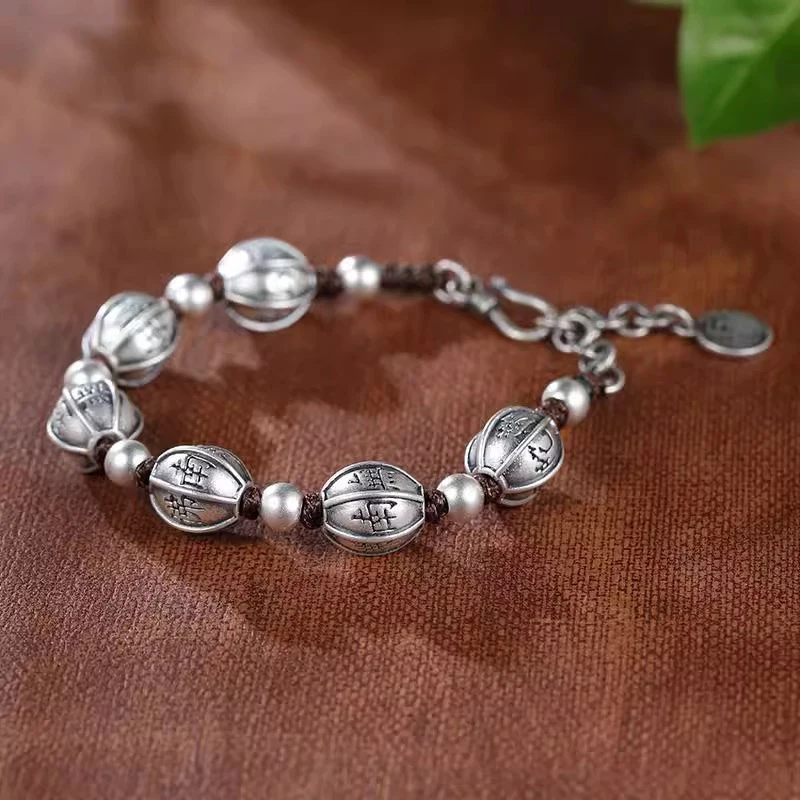 HX Silver Color Six Tales Transit Bead Bracelet Men's and Women's Vintage National Style Woven Bracelet Handstring Jewelry