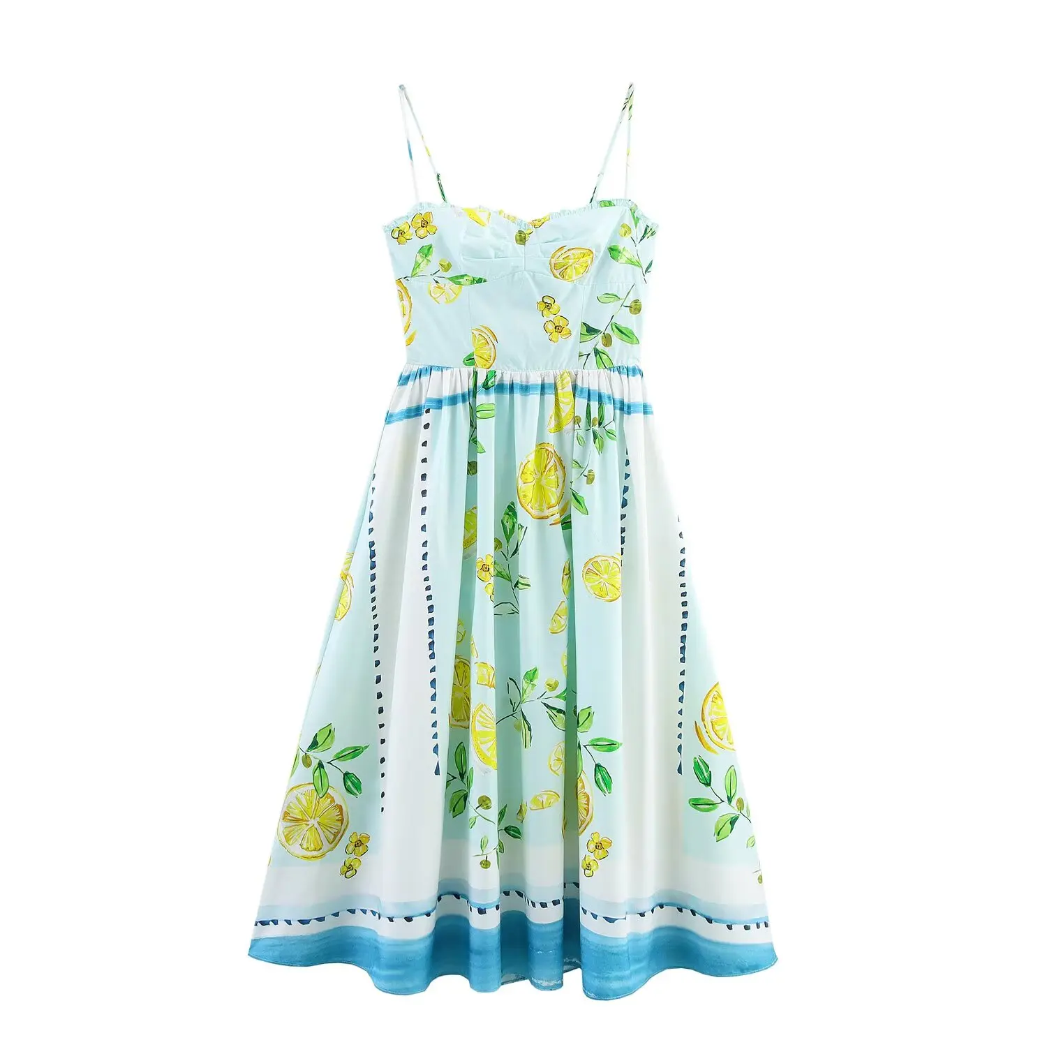 

PB&ZA2025 Summer Women's New Casual Fashion Simple Drape Sexy Backless Lemon Print Sling Poplin Dress