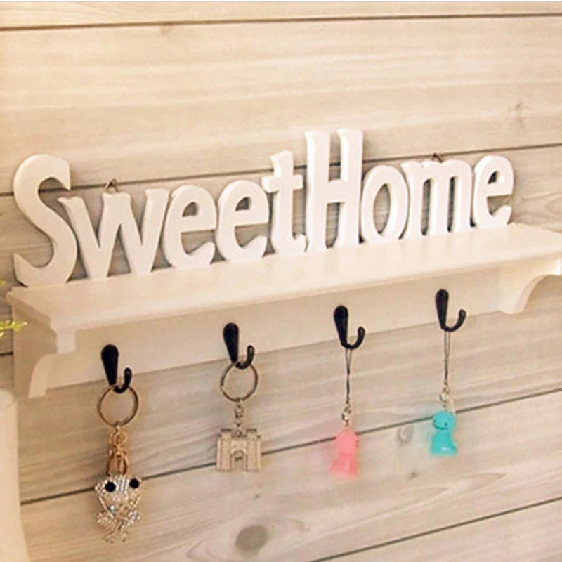 1Pc 4 Hooks Shelves Hat Key Holders Sweet Home Words Storage Shelf Hanging Hooks Wall Mounted Rack Home Storage