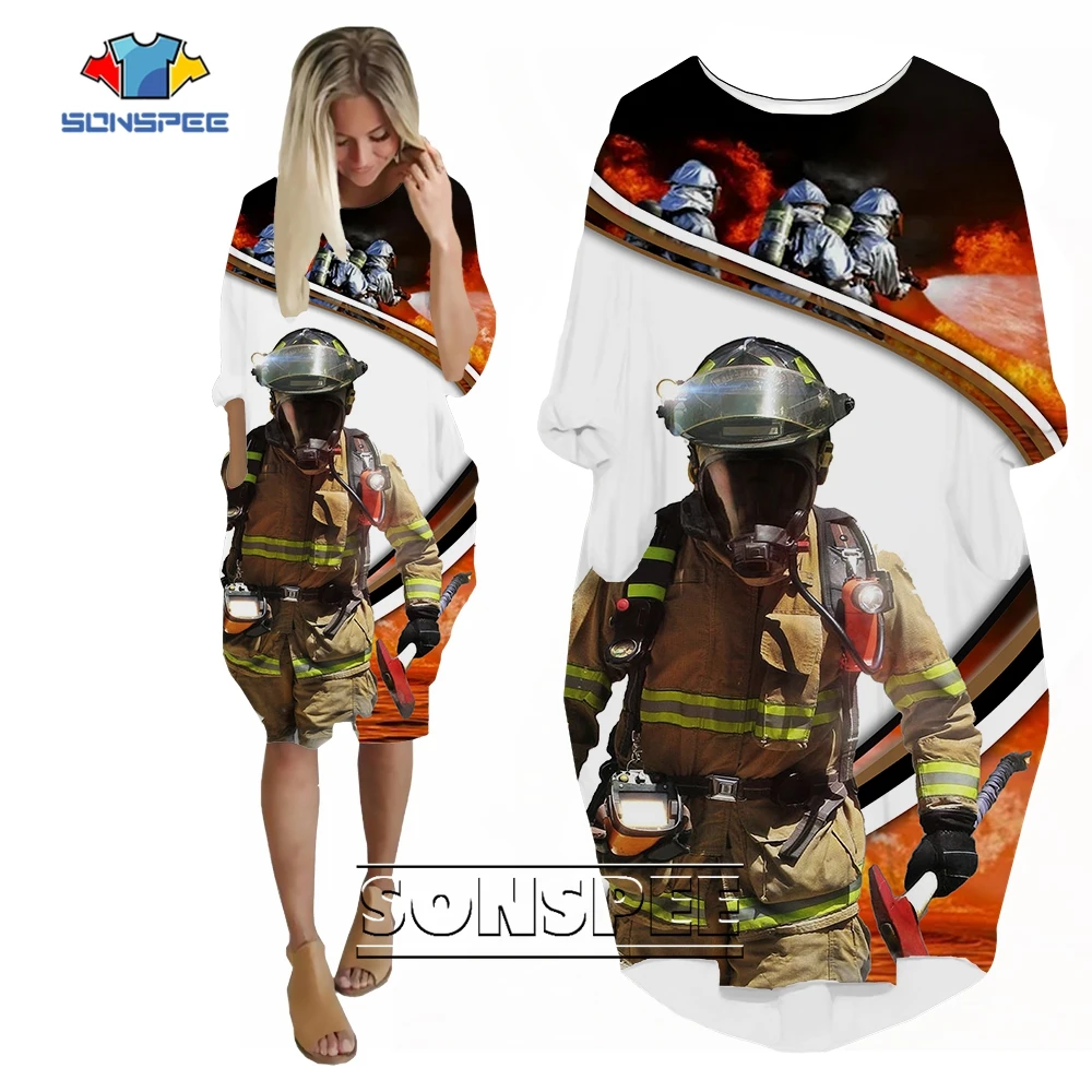 

SONSPEE New Firefighter 3D Print Women's Dress Cool Amazing Designs Long Sleeve Fire Guard Pocket Skirt Lady Loose Streetwear