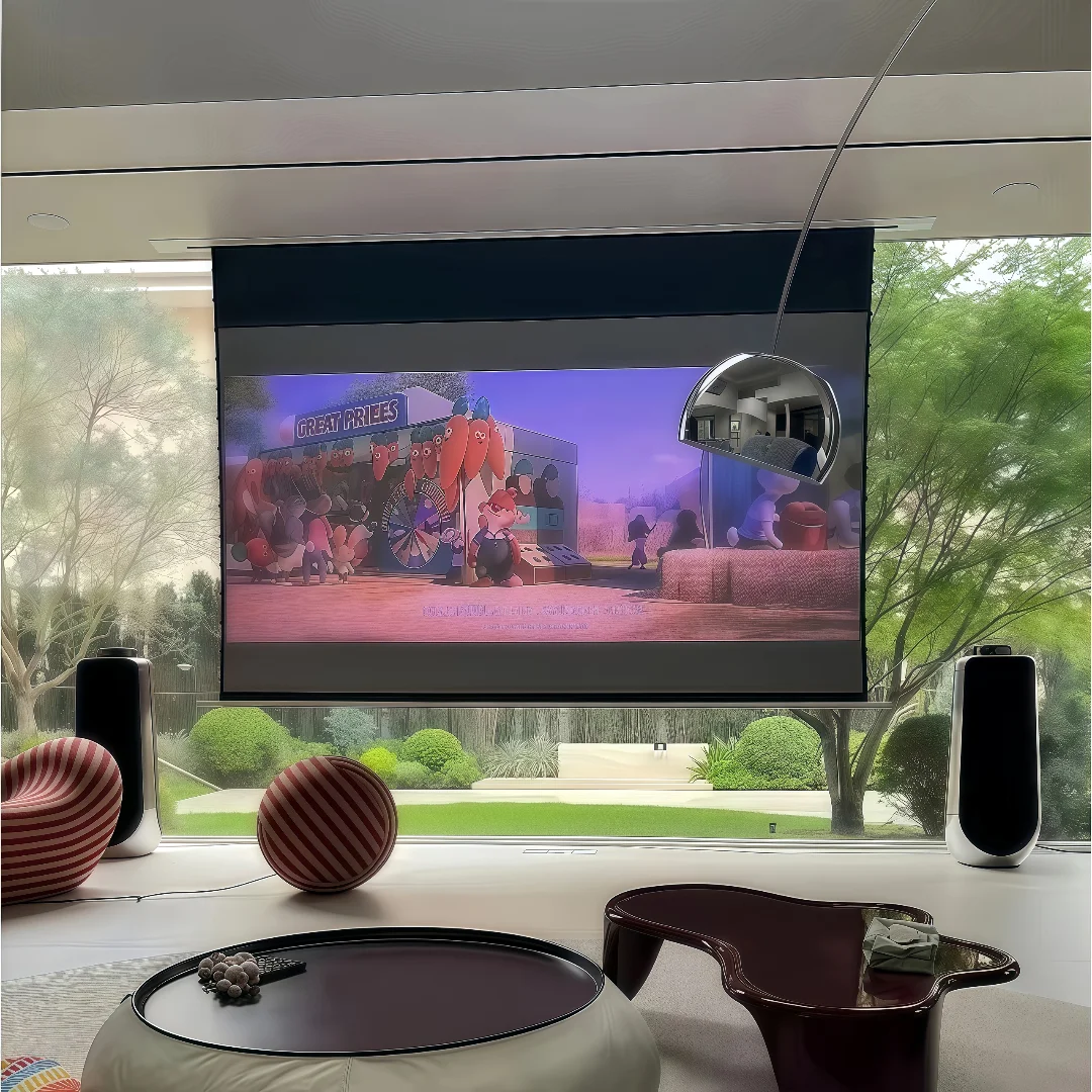 84-150 Inch HD Home Cinema 16:9 In Ceiling Tab-Tensioned Electric Projector Screens 4K Acoustically Transparent Material