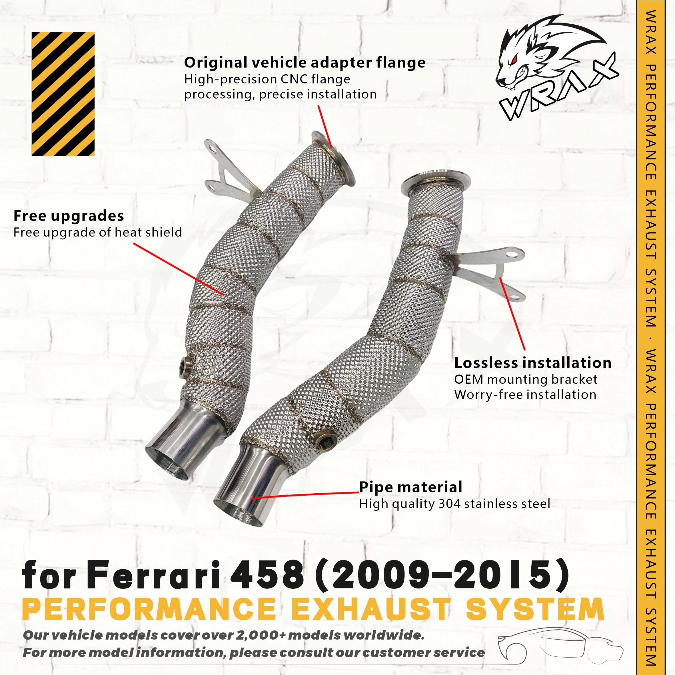 

for 2009–2015 Ferrari 458 Exhaust SS304 Catless/Catalyzed Downpipe Original Fit Lossless Installation