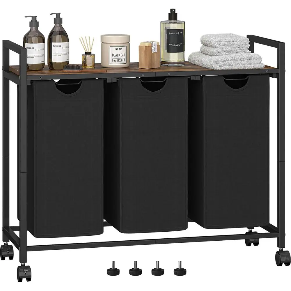 

3-Bag Pull-Out Laundry Sorter with Shelf, 34.3L Capacity, Rustic Brown for Home Storage