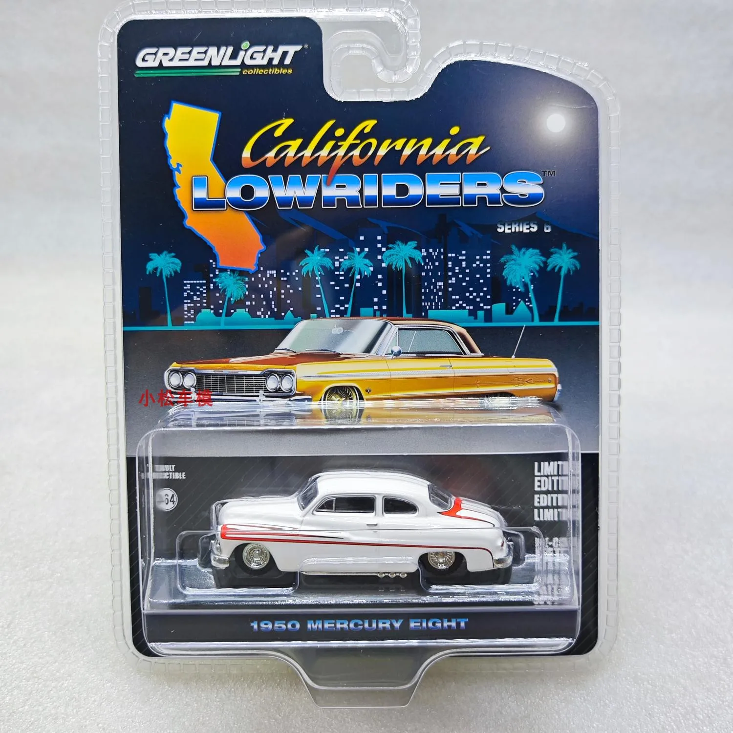 Green Light 1:64 California Low Slung Series 6-1950 Mercury Eight Coupe Matte White With Metal Orange Car Model Collection