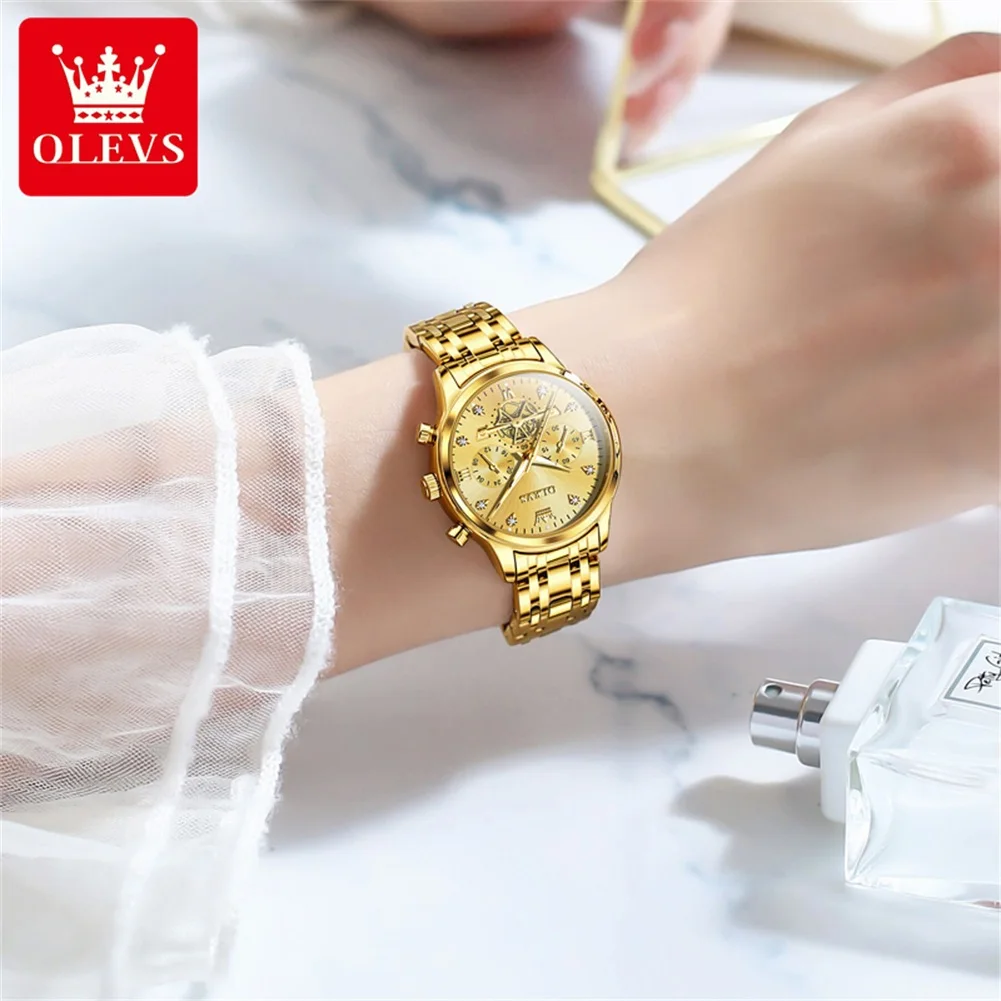 OLEVS Flywheel Skeleton Women Quartz Watch Stainless steel Chronograph Waterproof Luminous Ladies Bracelet Watch for Women Set