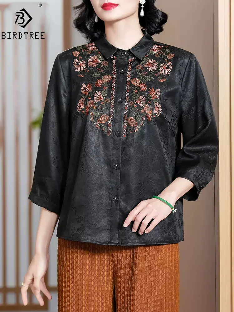 

BirdTree, 100%Real Silk Retro Shirt, Women Watered Guaze Floral Embroidery, Oversize Loose Blouse, 2024 Spring Summer T43014QM