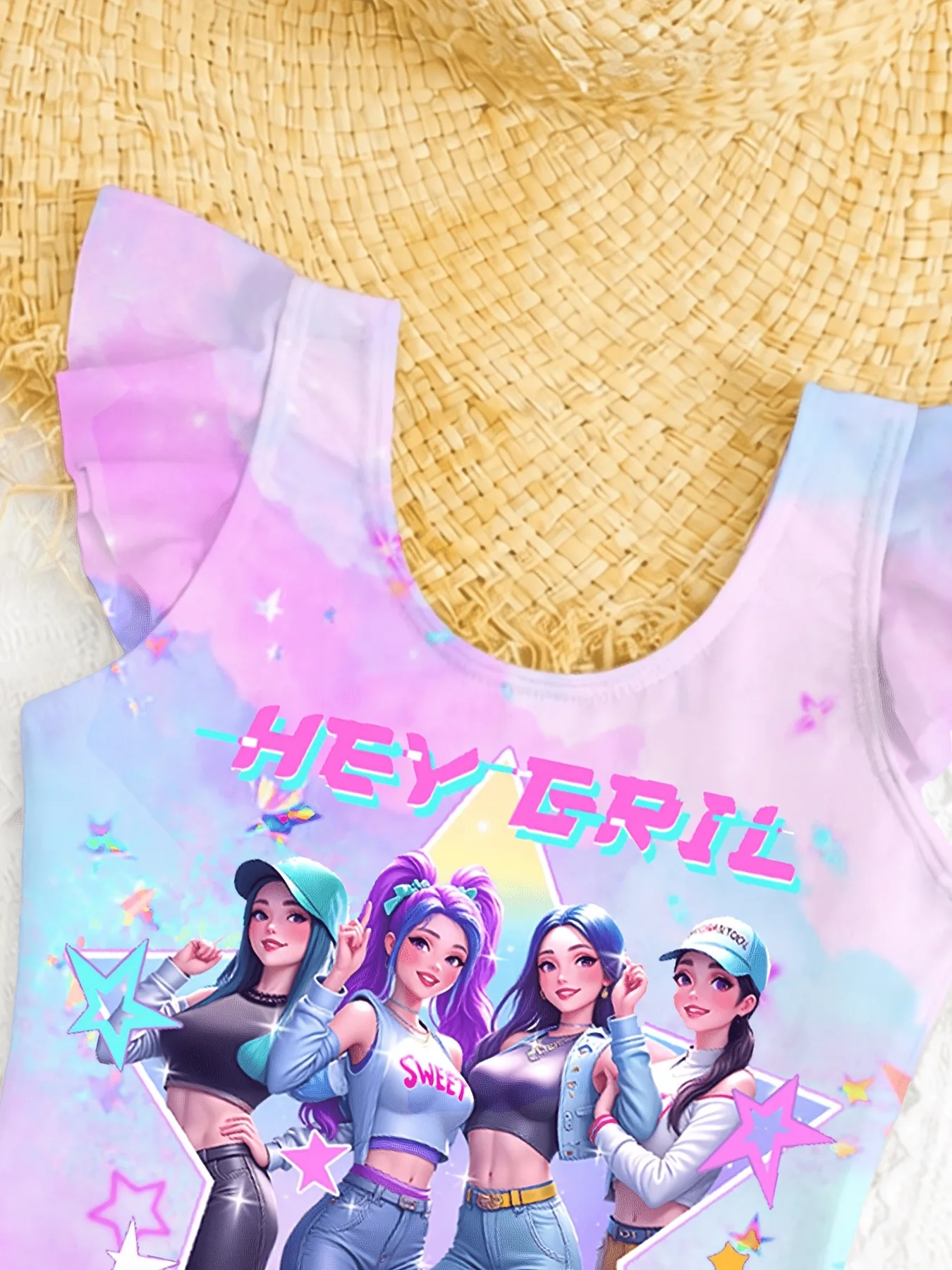 Trendiger 2-teiliger Kawaii-Cartoon-Badeanzug für Mädchen, einteiliger Bikini mit flatternden Ärmeln in Pastell-Regenbogen-Ombre-Optik, zweilagiger Badeanzug mit 4 Idol-Girl-Grafiken – Detail 4