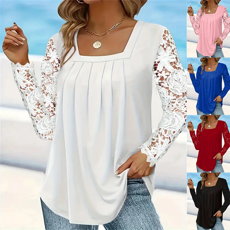 T-shirt frauen 2025, mode neue mode quadrat-neck spitze hülse mit langen ärmeln einfarbig top t-shirt frauen kleidung