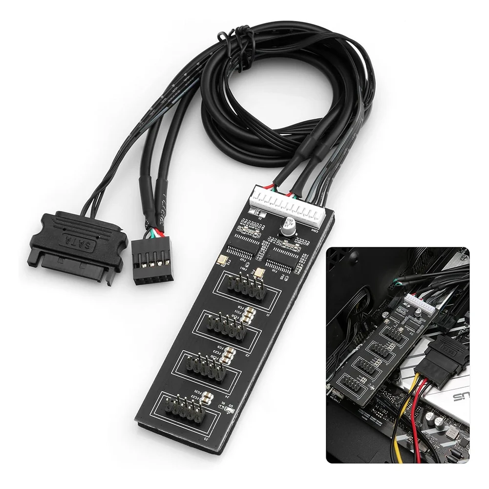 9Pin USB Header Splitter, USB 2.0 Header Splitter with SATA Power Cable, Internal USB Hub for CPU/RGB Light/Printer