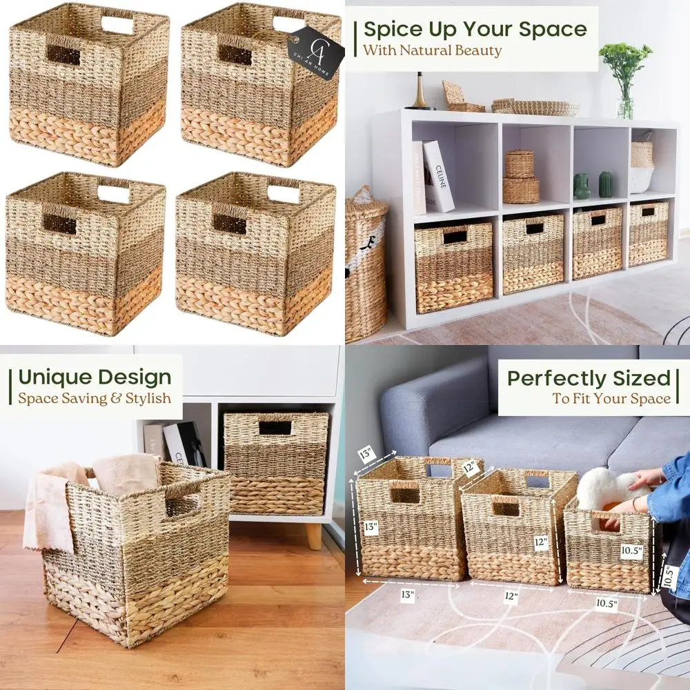 

Natural Foldable Wicker Cube Storage Baskets, Set of 4 for Pantry and Bedroom Organization
