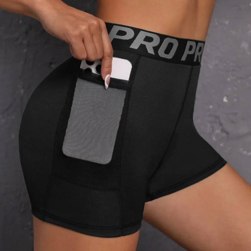 Women's three-point shorts, 2 pockets, breathable quick-drying yoga running and cycling shorts,