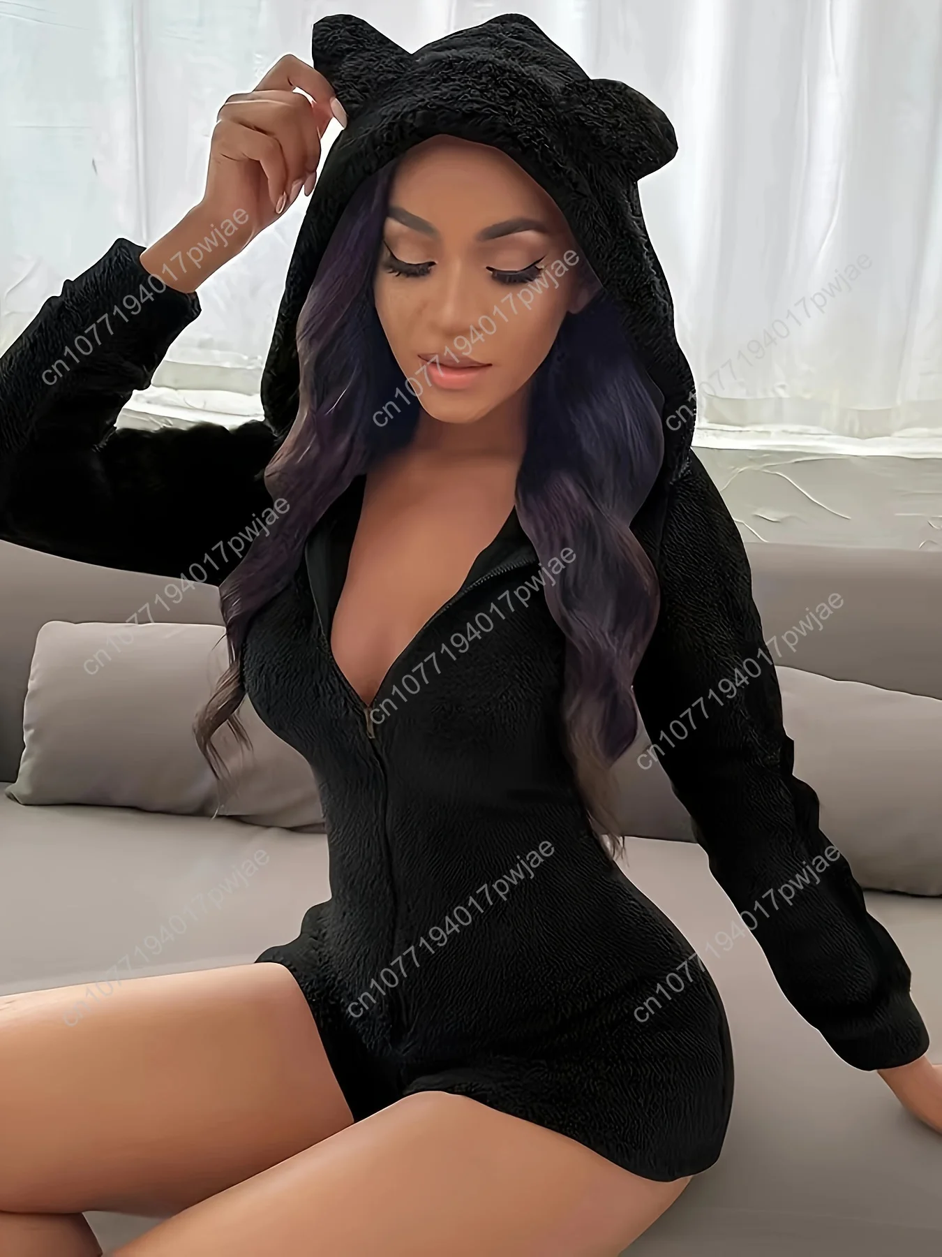 

[Cozy Hooded Jumpsuit] Cozy Fleece-Lined Women's Black Hooded Jumpsuit | Winter & Fall Casual Romper with Front Zipper, Long Sle