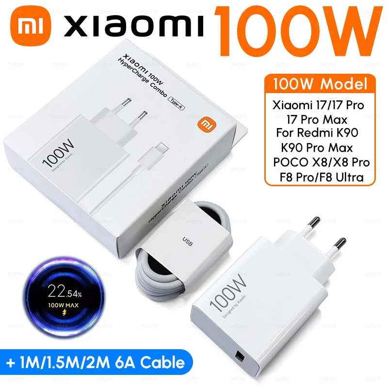 100W Xiaomi 17 17T Pro Max Charger Original 90W Type C Fast Turbo Charge Cargador for Mi 15 14 POCO F8 Ultra X8 Redmi K90 Cable