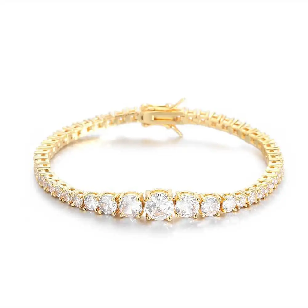 

Ables Chic 3-7mm Gradient Size Round CZ Iced Out Tennis Bracelet 18K Gold Over Copper Chain