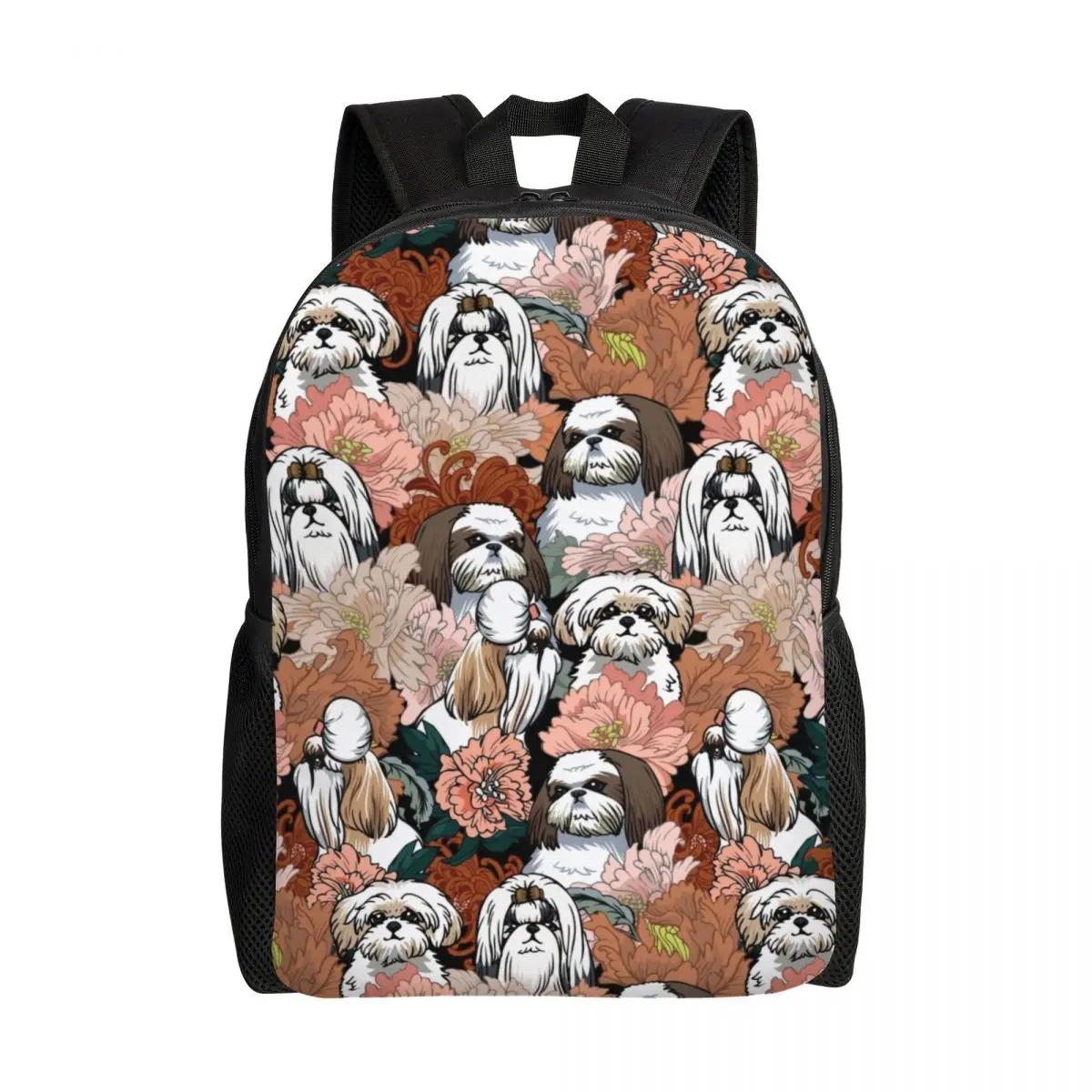 Shih Tzu Dog Flowers Pattern Laptop Backpack Men Women Basic Bookbag for College School Students Pet Animal Bags