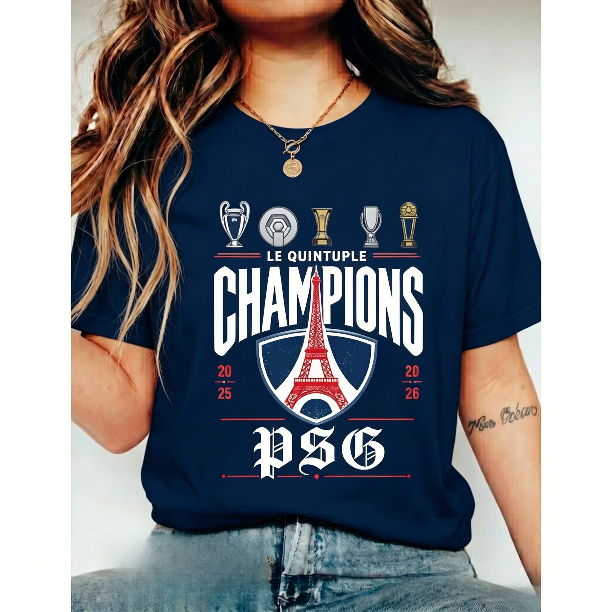 Camiseta PSG París Campeones de Fútbol en Fila, Nueva Colección Verano 2026, para Hombre y Mujer, 100% Algodón, Moda, Cuello Redondo, Estilo Urbano