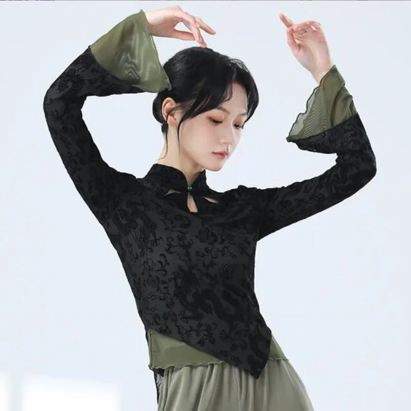 Nieuwe Chinese Body Rhyme Top Vrouwen Kudde Bloem Klassiek China Folk Dance Shirt Lange Hoorn Mouw Elegan Flowy Shirt Contrast Nieuw