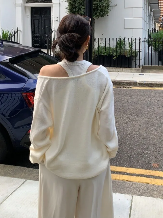

Chic V-Ne Long Sve Knitted Vest Set Slim Fit Hanging Ne Design Faionable Autumn Collection Commute Sle Pure Color