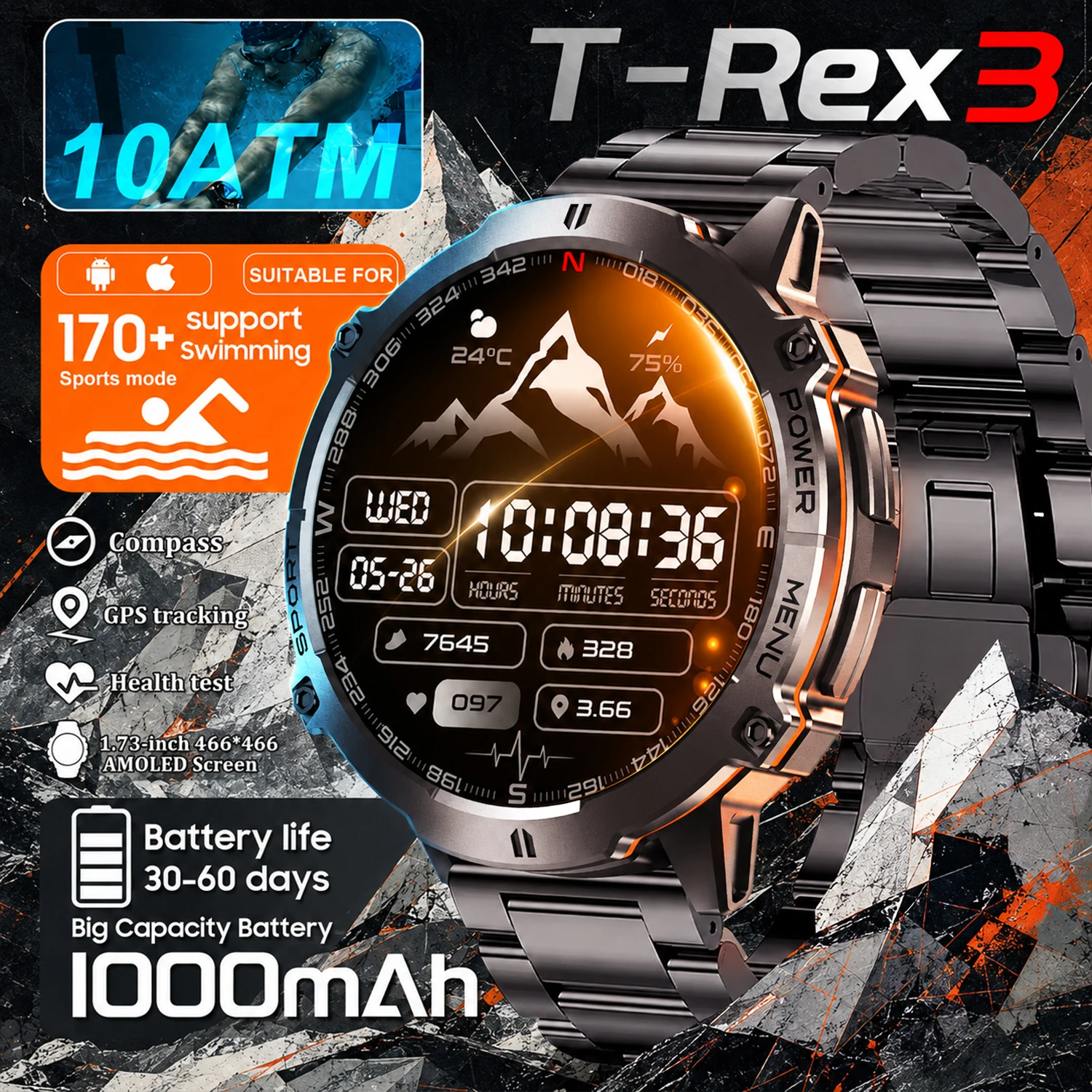 2026 Mens GPS Military T Rex 3 Smartwatch 1.73"AMOLED Compass 10ATMWaterproof Swim Wrist Clock Sport 1000mAh Smart Watch Man IOS