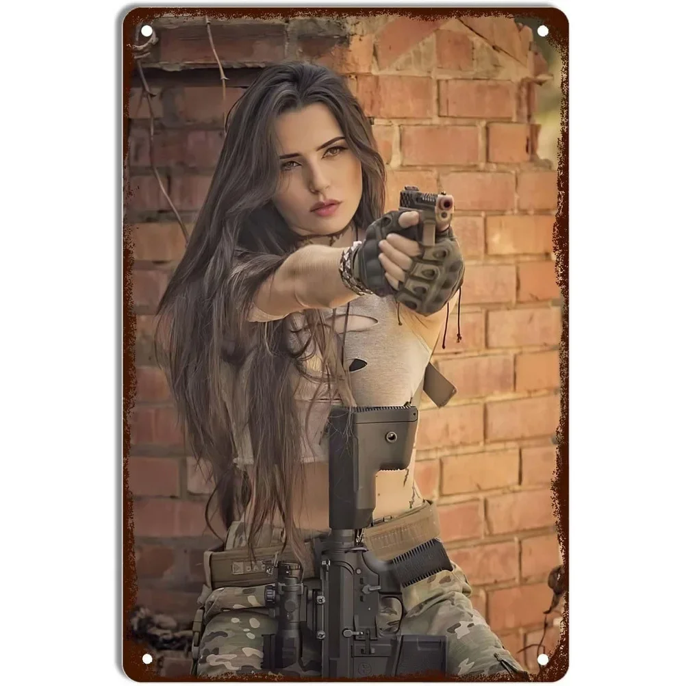 HD Tin Sign Vintage Military Pin-up Girl Wall Decor - Retro Tactical Female Soldier Gun Art Metal Tin Sign for Man Cave Bar Mili