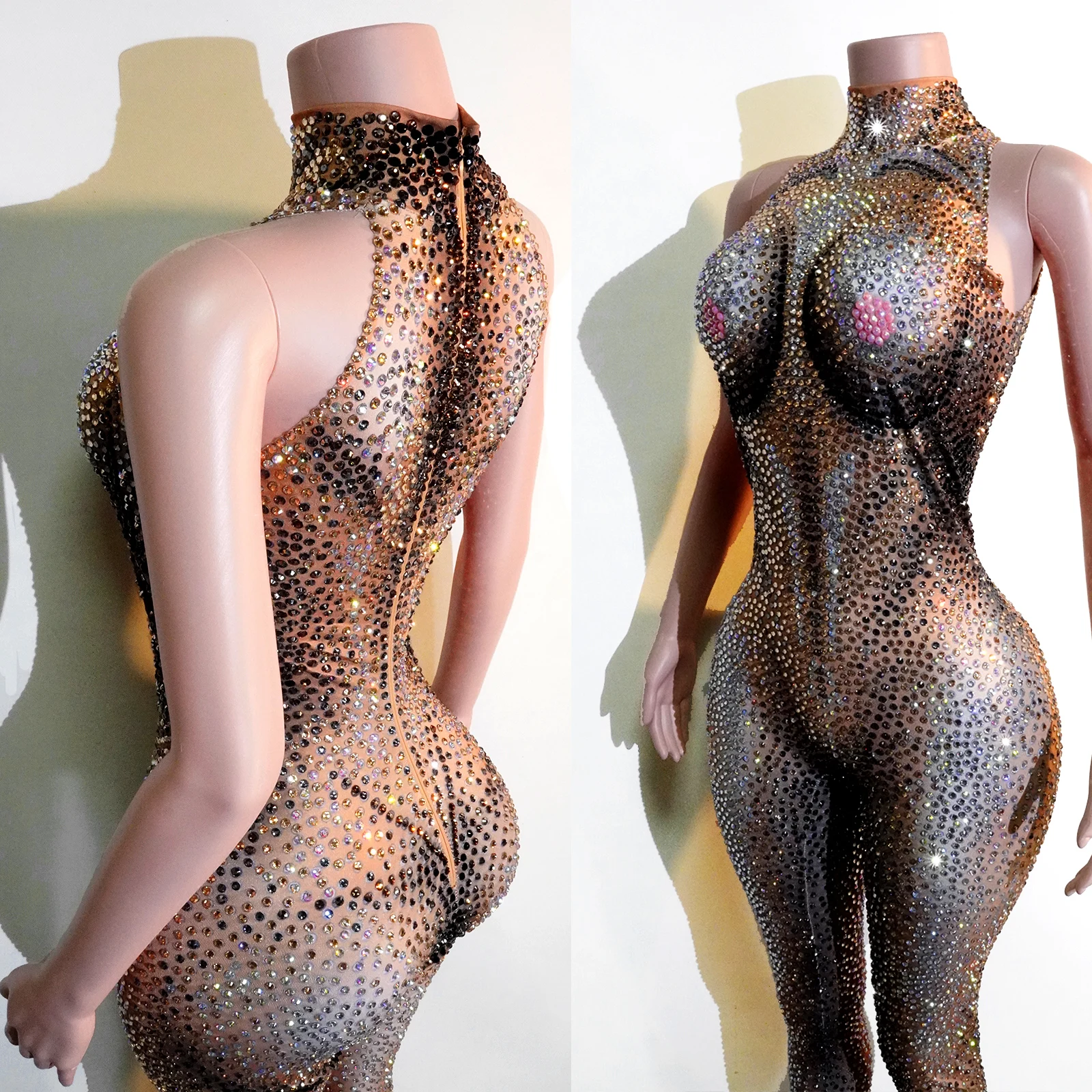 Sexy luxo completo strass sem mangas macacão baile de formatura boate palco desempenho festa à noite aniversário boate outfit